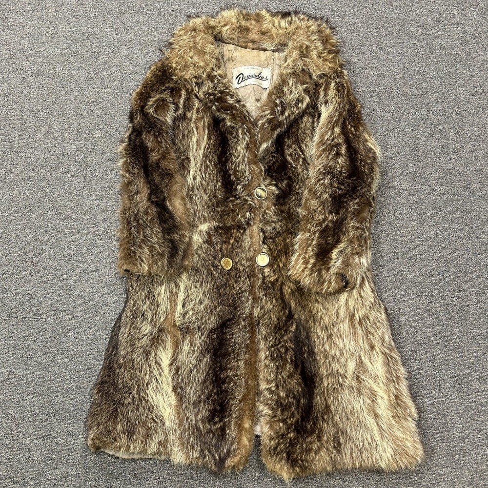 Desjardins Montreal Fur Coat Womens M Brown Vintage Double Breasted Long Hair